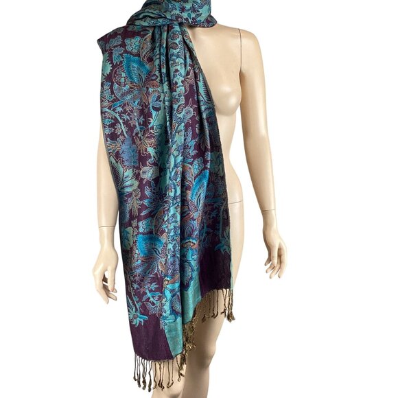 Floral Paisley Cashmere Shawl Scarf Wrap W/ Fringe Turquoise & Purple - Picture 5 of 6